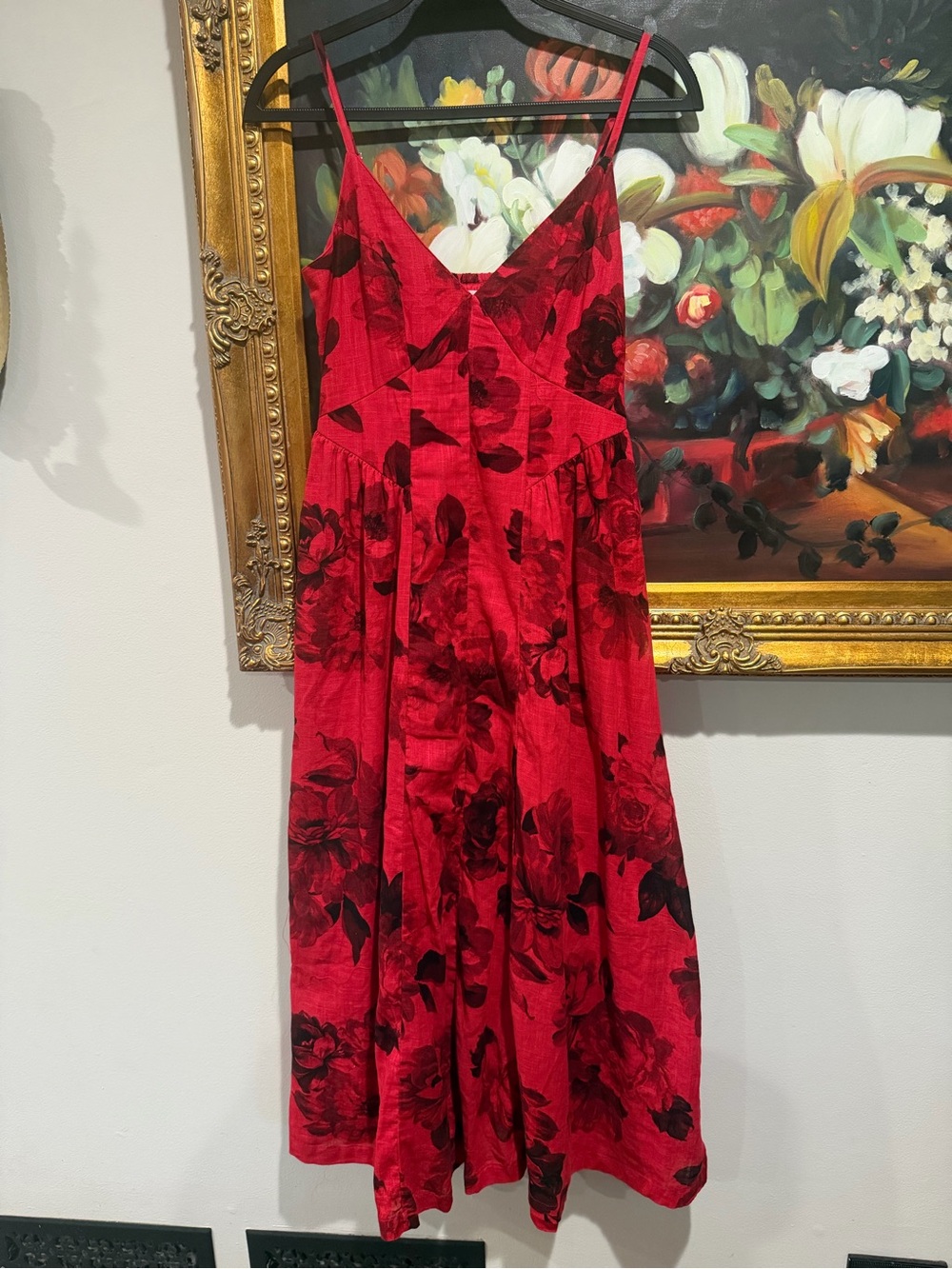 Red Floral Midi Dress with Spaghetti Straps